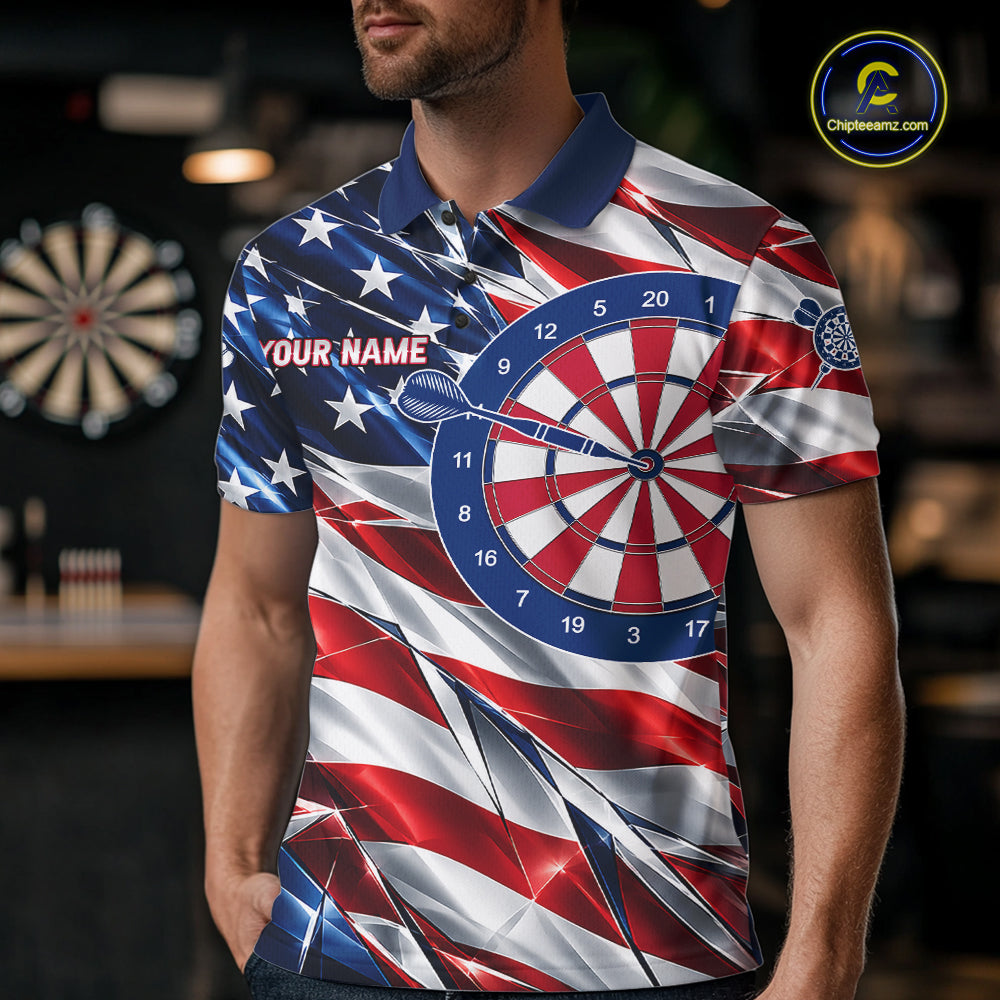 American Flag Broken Glass Darts Polo 1/4-Zip Shirt For Men Custom Patriotic Darts Tournament Team Jersey NYN4746
