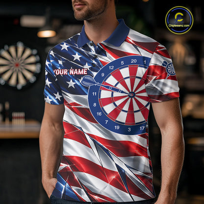 American Flag Broken Glass Darts Polo 1/4-Zip Shirt For Men Custom Patriotic Darts Tournament Team Jersey NYN4746