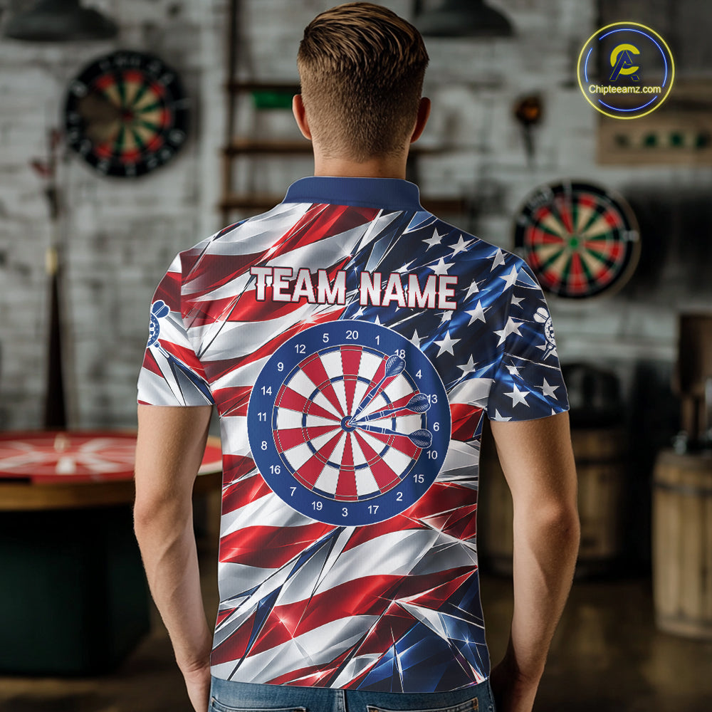 American Flag Broken Glass Darts Polo 1/4-Zip Shirt For Men Custom Patriotic Darts Tournament Team Jersey NYN4746
