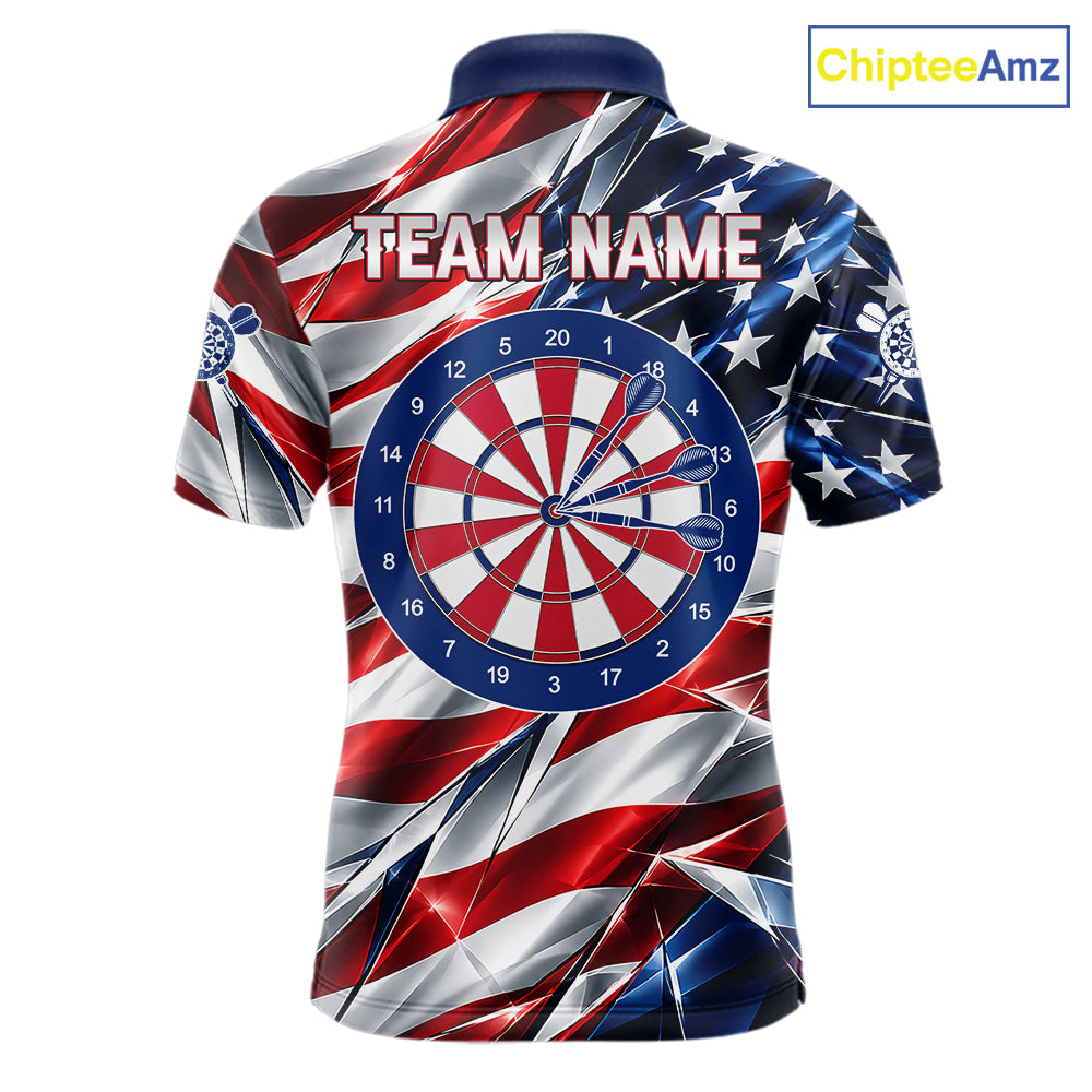 American Flag Broken Glass Darts Polo 1/4-Zip Shirt For Men Custom Patriotic Darts Tournament Team Jersey NYN4746