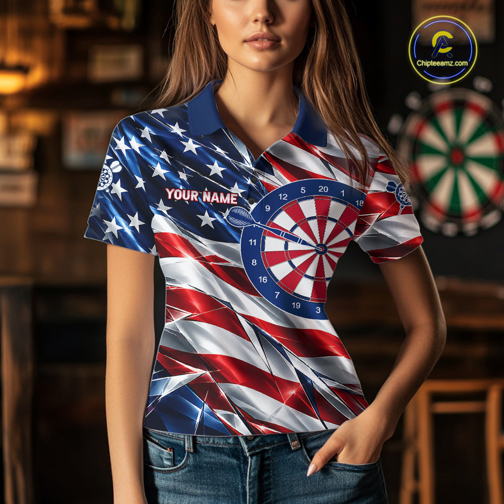 American Flag Broken Glass Darts Polo 1/4-Zip Shirt For Women Custom Patriotic Darts Tournament Team Jersey NYN4746
