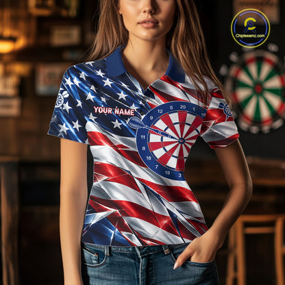 American Flag Broken Glass Darts Polo 1/4-Zip Shirt For Women Custom Patriotic Darts Tournament Team Jersey NYN4746
