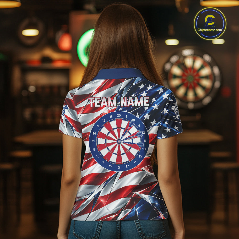 American Flag Broken Glass Darts Polo 1/4-Zip Shirt For Women Custom Patriotic Darts Tournament Team Jersey NYN4746