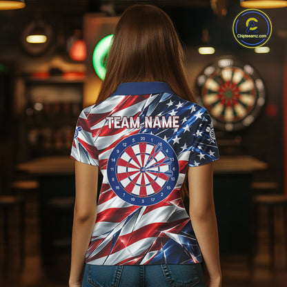 American Flag Broken Glass Darts Polo 1/4-Zip Shirt For Women Custom Patriotic Darts Tournament Team Jersey NYN4746