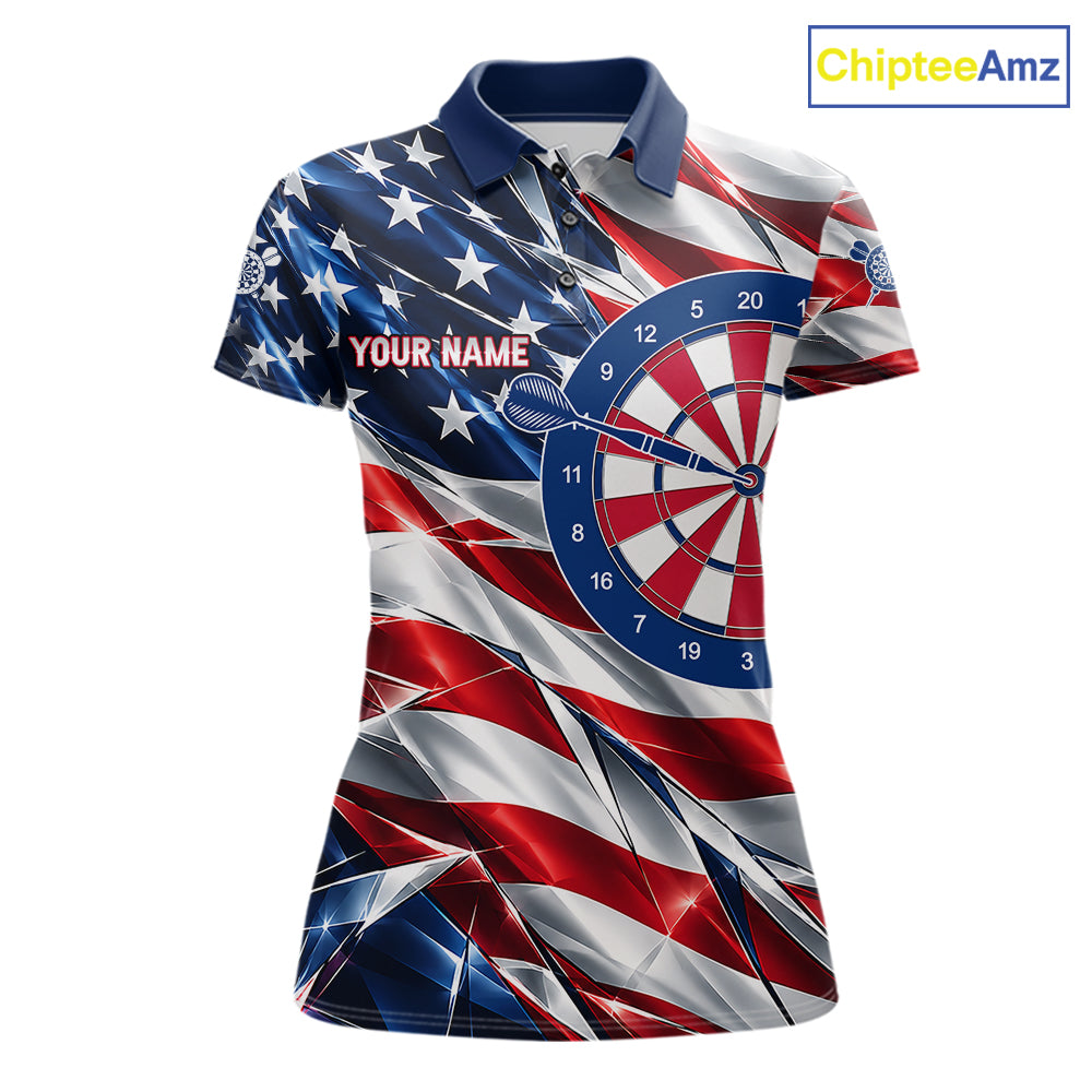American Flag Broken Glass Darts Polo 1/4-Zip Shirt For Women Custom Patriotic Darts Tournament Team Jersey NYN4746