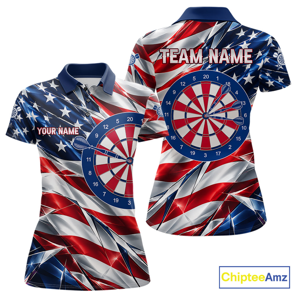 American Flag Broken Glass Darts Polo 1/4-Zip Shirt For Women Custom Patriotic Darts Tournament Team Jersey NYN4746