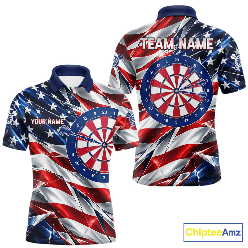 American Flag Broken Glass Darts Polo 1/4-Zip Shirt For Men Custom Patriotic Darts Tournament Team Jersey NYN4746