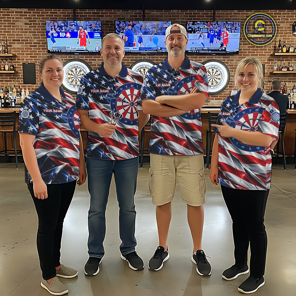 American Flag Broken Glass Darts Polo 1/4-Zip Shirt For Men Custom Patriotic Darts Tournament Team Jersey NYN4746