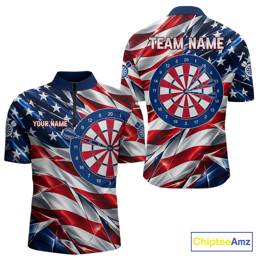 American Flag Broken Glass Darts Polo 1/4-Zip Shirt For Men Custom Patriotic Darts Tournament Team Jersey NYN4746