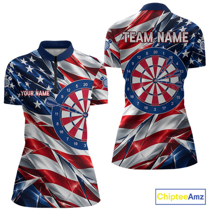 American Flag Broken Glass Darts Polo 1/4-Zip Shirt For Women Custom Patriotic Darts Tournament Team Jersey NYN4746