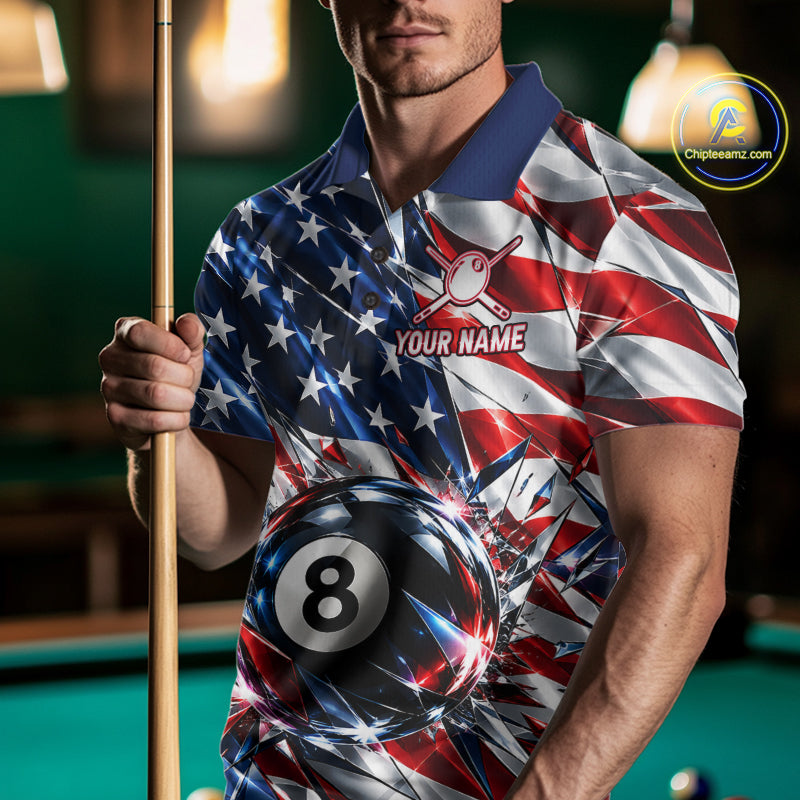 American Flag Broken Glass Billiard Shirt For Men Custom 8 Ball Patriotic Billiard Pool Team Jersey NYN4747
