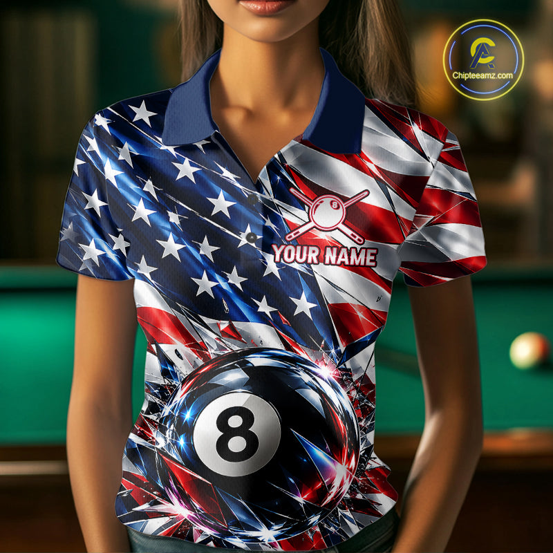 American Flag Broken Glass Billiard Shirt For Women Custom 8 Ball Patriotic Billiard Pool Team Jersey NYN4747