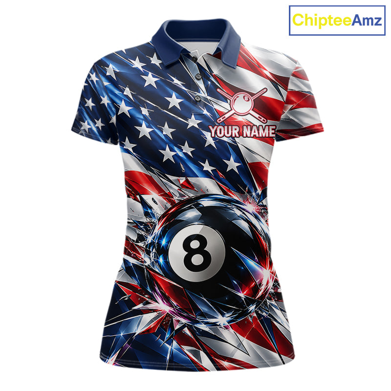 American Flag Broken Glass Billiard Shirt For Women Custom 8 Ball Patriotic Billiard Pool Team Jersey NYN4747
