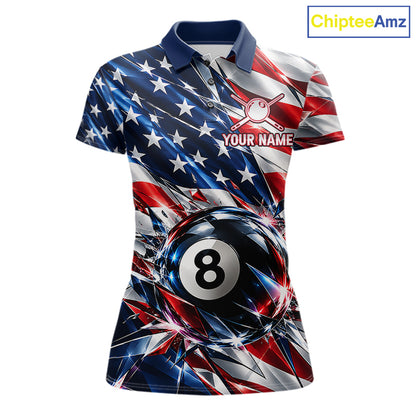 American Flag Broken Glass Billiard Shirt For Women Custom 8 Ball Patriotic Billiard Pool Team Jersey NYN4747