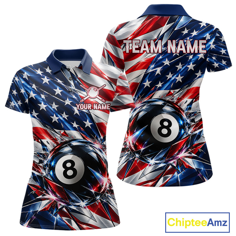 American Flag Broken Glass Billiard Shirt For Women Custom 8 Ball Patriotic Billiard Pool Team Jersey NYN4747