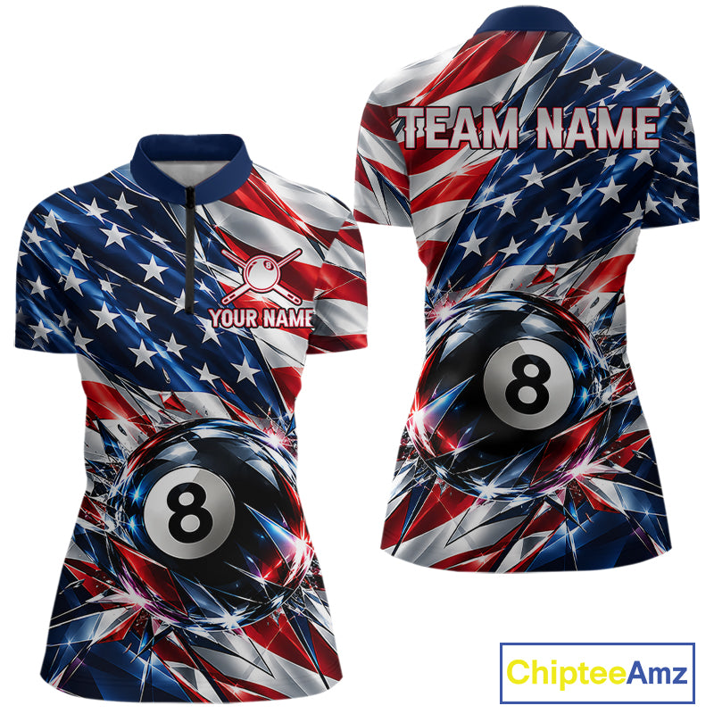 American Flag Broken Glass Billiard Shirt For Women Custom 8 Ball Patriotic Billiard Pool Team Jersey NYN4747