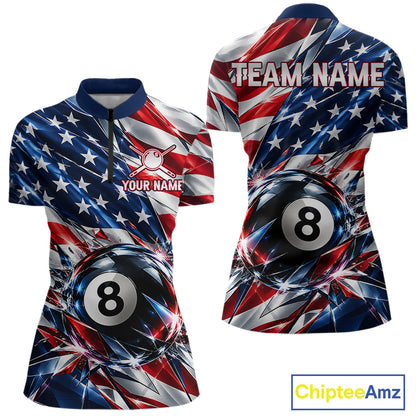American Flag Broken Glass Billiard Shirt For Women Custom 8 Ball Patriotic Billiard Pool Team Jersey NYN4747