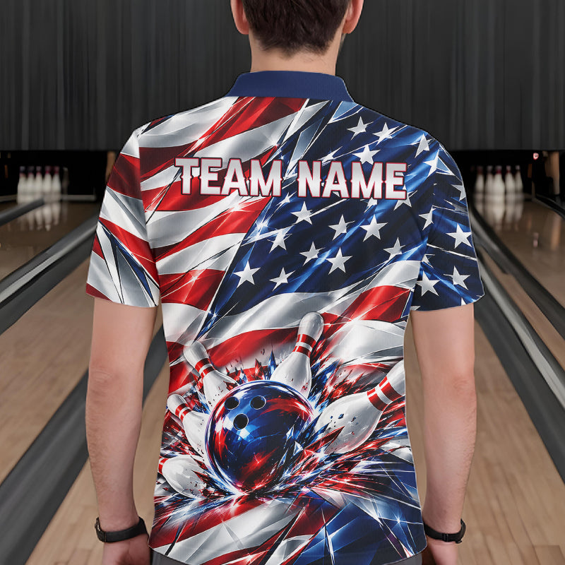 US Flag Broken Glass Bowling Shirt For Men Custom Strike Patriotic Bowling Tournament Team Jersey NYN4748