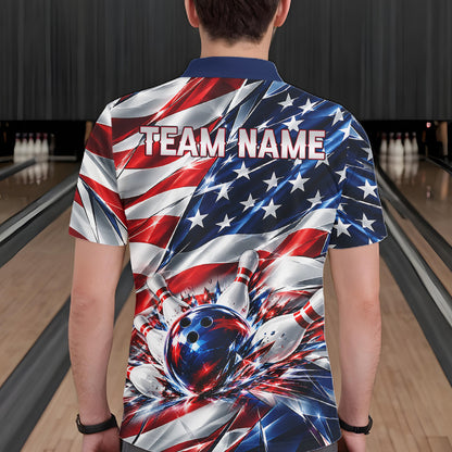 US Flag Broken Glass Bowling Shirt For Men Custom Strike Patriotic Bowling Tournament Team Jersey NYN4748