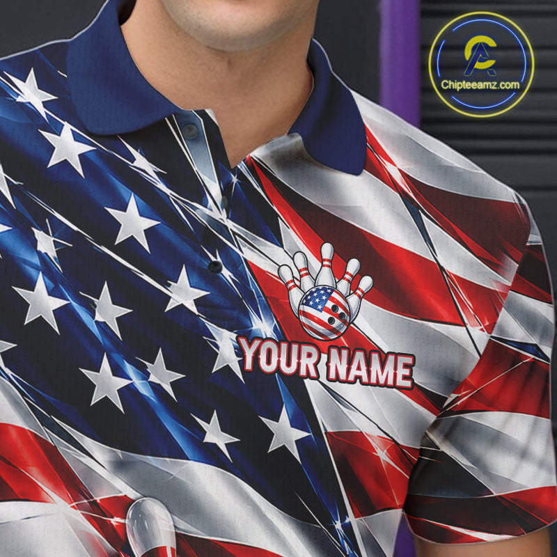 US Flag Broken Glass Bowling Shirt For Men Custom Strike Patriotic Bowling Tournament Team Jersey NYN4748