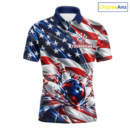 US Flag Broken Glass Bowling Shirt For Men Custom Strike Patriotic Bowling Tournament Team Jersey NYN4748