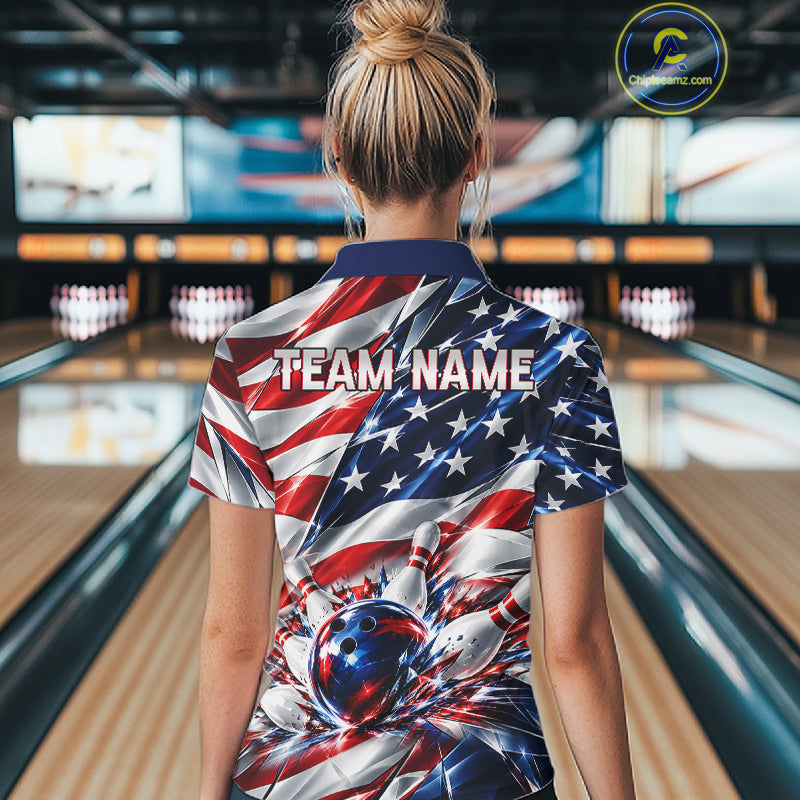 US Flag Broken Glass Bowling Shirt For Women Custom Strike Patriotic Bowling Tournament Team Jersey NYN4748