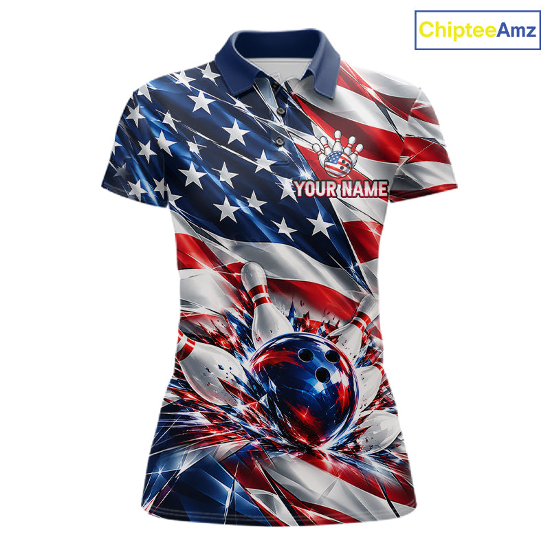US Flag Broken Glass Bowling Shirt For Women Custom Strike Patriotic Bowling Tournament Team Jersey NYN4748