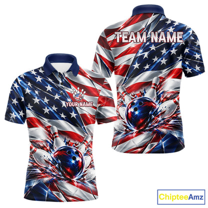 US Flag Broken Glass Bowling Shirt For Men Custom Strike Patriotic Bowling Tournament Team Jersey NYN4748