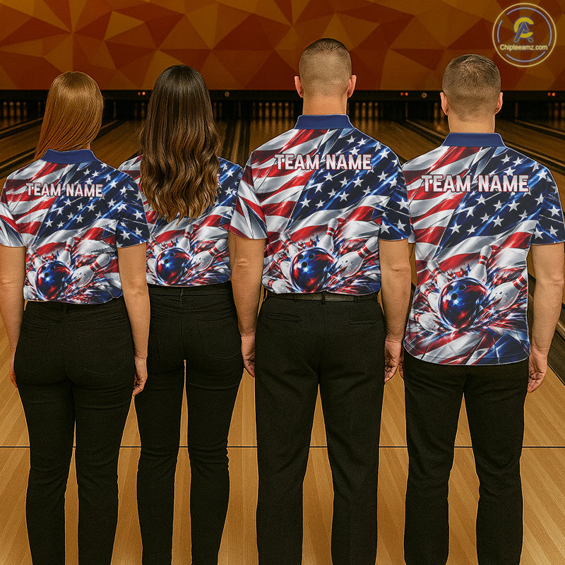 US Flag Broken Glass Bowling Shirt For Men Custom Strike Patriotic Bowling Tournament Team Jersey NYN4748