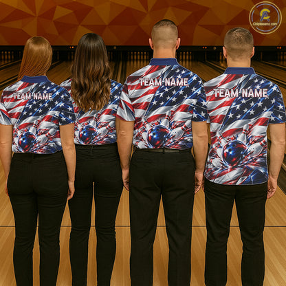 US Flag Broken Glass Bowling Shirt For Men Custom Strike Patriotic Bowling Tournament Team Jersey NYN4748