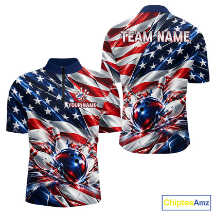 US Flag Broken Glass Bowling Shirt For Men Custom Strike Patriotic Bowling Tournament Team Jersey NYN4748