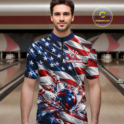 US Flag Broken Glass Bowling Shirt For Men Custom Strike Patriotic Bowling Tournament Team Jersey NYN4748