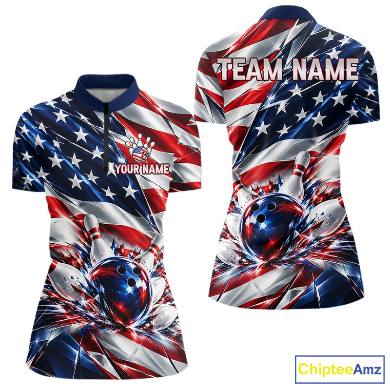 US Flag Broken Glass Bowling Shirt For Women Custom Strike Patriotic Bowling Tournament Team Jersey NYN4748
