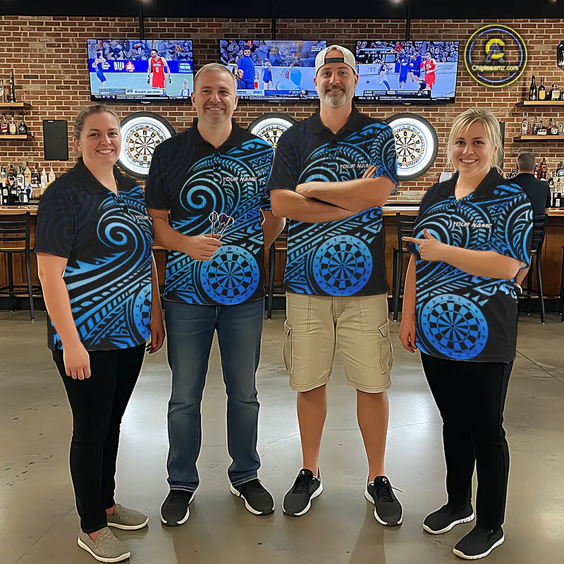 Black Blue Tribal Pattern Men Darts Polo & 1/4-Zip Shirt Personalized Tribal Dart Team Appeal NYN3007