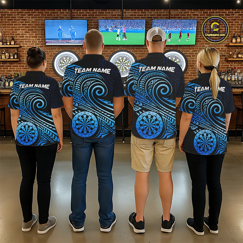 Black Blue Tribal Pattern Men Darts Polo & 1/4-Zip Shirt Personalized Tribal Dart Team Appeal NYN3007