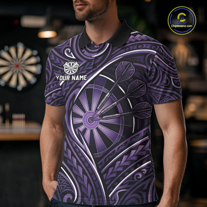 Black Purple Tribal Pattern Darts Polo & 1/4-Zip Shirt For Men Personalized Tribal Dart Team Appeal NYN3009