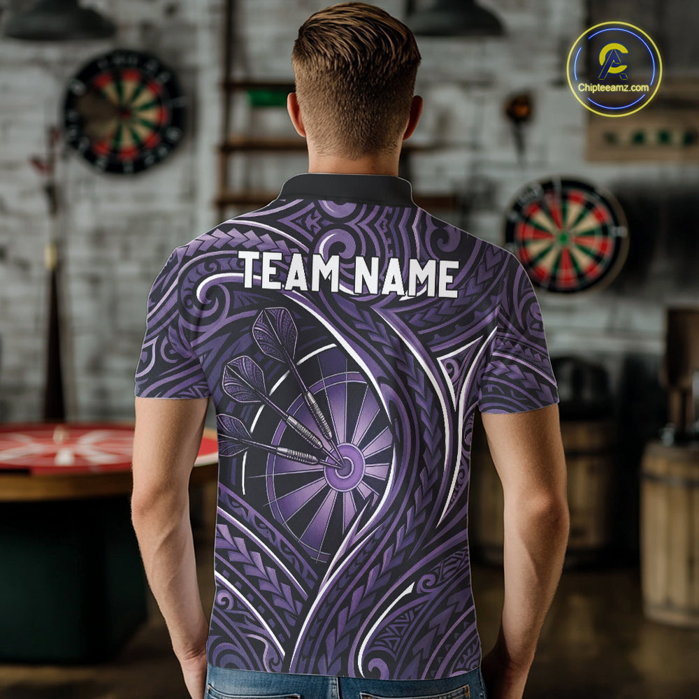 Black Purple Tribal Pattern Darts Polo & 1/4-Zip Shirt For Men Personalized Tribal Dart Team Appeal NYN3009