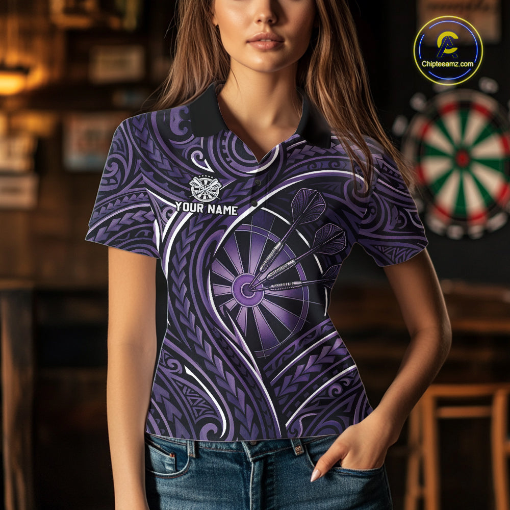 Black Purple Tribal Pattern Darts Polo & 1/4-Zip Shirt For Women Personalized Tribal Dart Team Appeal NYN3009
