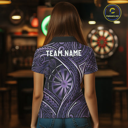 Black Purple Tribal Pattern Darts Polo & 1/4-Zip Shirt For Women Personalized Tribal Dart Team Appeal NYN3009