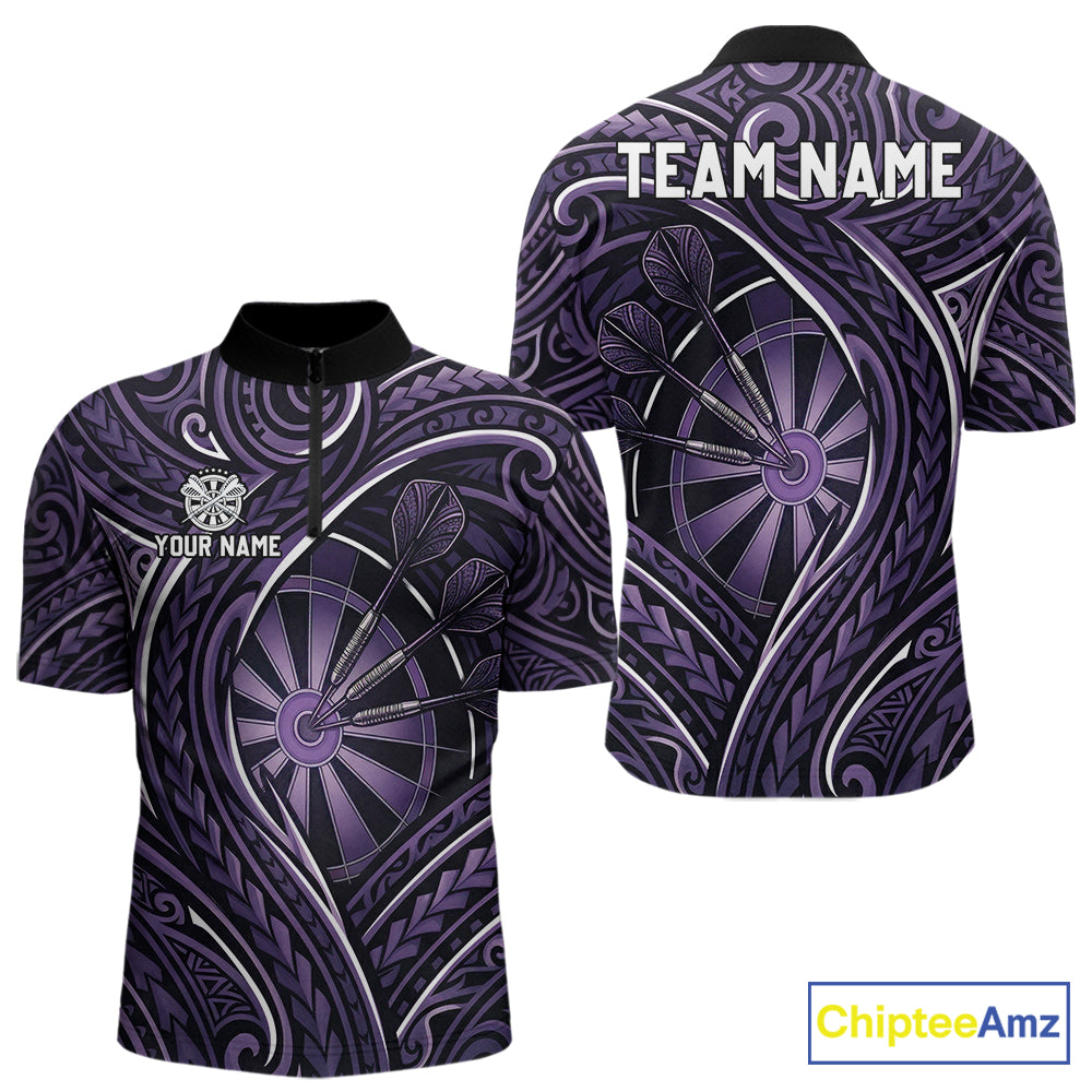 Black Purple Tribal Pattern Darts Polo & 1/4-Zip Shirt For Men Personalized Tribal Dart Team Appeal NYN3009