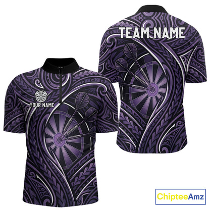 Black Purple Tribal Pattern Darts Polo & 1/4-Zip Shirt For Men Personalized Tribal Dart Team Appeal NYN3009
