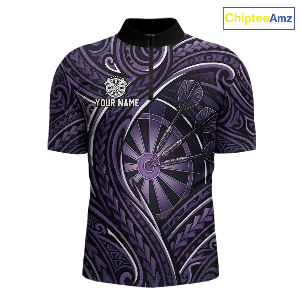 Black Purple Tribal Pattern Darts Polo & 1/4-Zip Shirt For Men Personalized Tribal Dart Team Appeal NYN3009