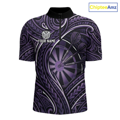Black Purple Tribal Pattern Darts Polo & 1/4-Zip Shirt For Men Personalized Tribal Dart Team Appeal NYN3009