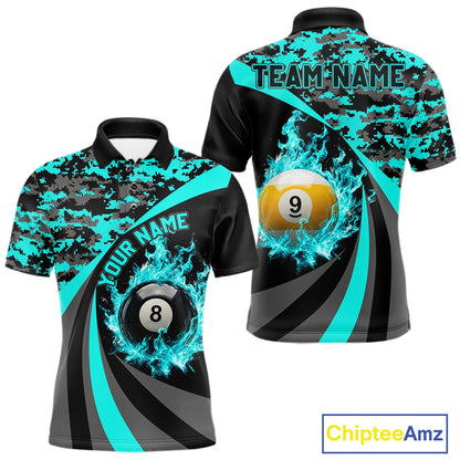 Black Teal Camo Flame 8 Ball 9 Ball Pool Shirt For Men Custom Billiard Team Jersey