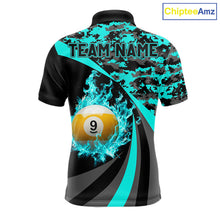 Load image into Gallery viewer, Black Teal Camo Flame 8 Ball 9 Ball Pool Shirt For Men Custom Billiard Team Jersey