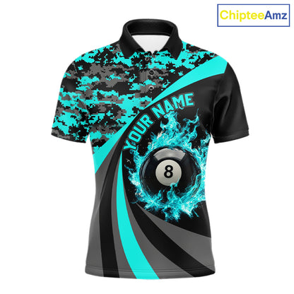 Black Teal Camo Flame 8 Ball 9 Ball Pool Shirt For Men Custom Billiard Team Jersey