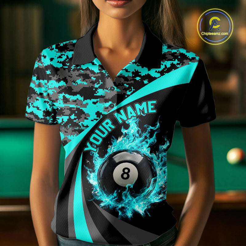 Flame 8 Ball & 9 Ball Billiard Pool Shirt For Women Custom Black And Teal Camo Billiard Team Attire NYN3429