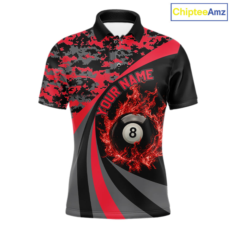 Black Red Camo Flame 8 Ball 9 Ball Pool Shirt For Men Custom Billiard Team Jersey