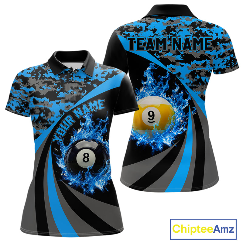 Black Blue Camo Flame 8 Ball 9 Ball Pool Shirt For Women Custom Billiard Team Jersey