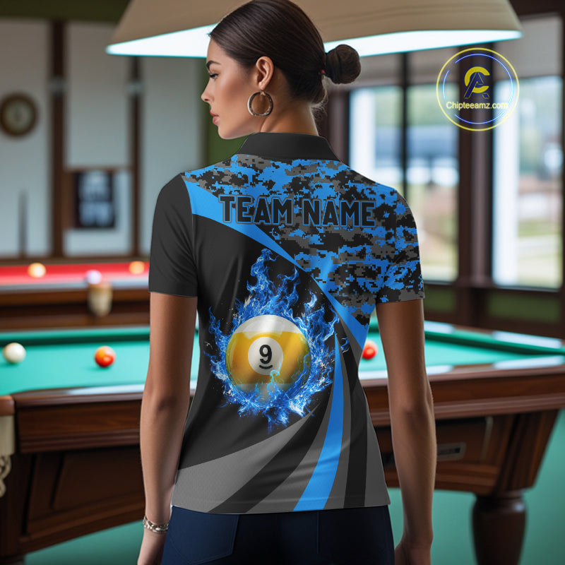 Flame 8 Ball & 9 Ball Billiard Pool Shirt For Women Custom Black And Blue Camo Billiard Team Attire NYN3431